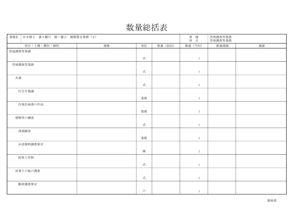 Ｒ８徳土 多々羅川 徳・勝占 補償算定業務（２）（数量総括表）.pdf 1ページ目のプレビュー