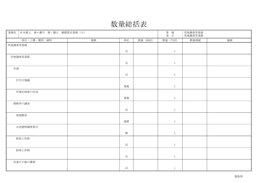 Ｒ８徳土 多々羅川 徳・勝占 補償算定業務（３）（数量総括表）.pdf 1ページ目のプレビュー
