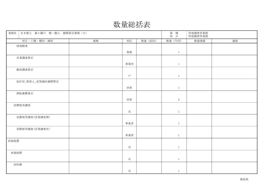 Ｒ８徳土 多々羅川 徳・勝占 補償算定業務（３）（数量総括表）.pdf 2ページ目のプレビュー