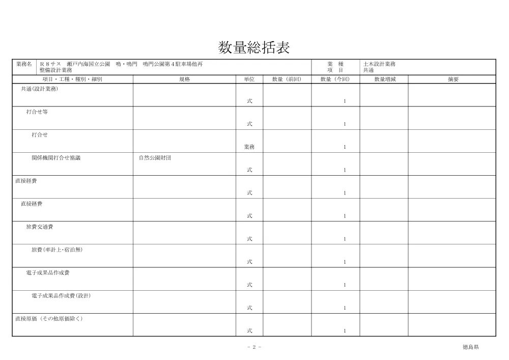 機密性１｜Ｒ８サス 瀬戸内海国立公園 鳴・鳴門 鳴門公園第４駐車場他再整備設計業務（数量総括表）.pdf 2ページ目のプレビュー