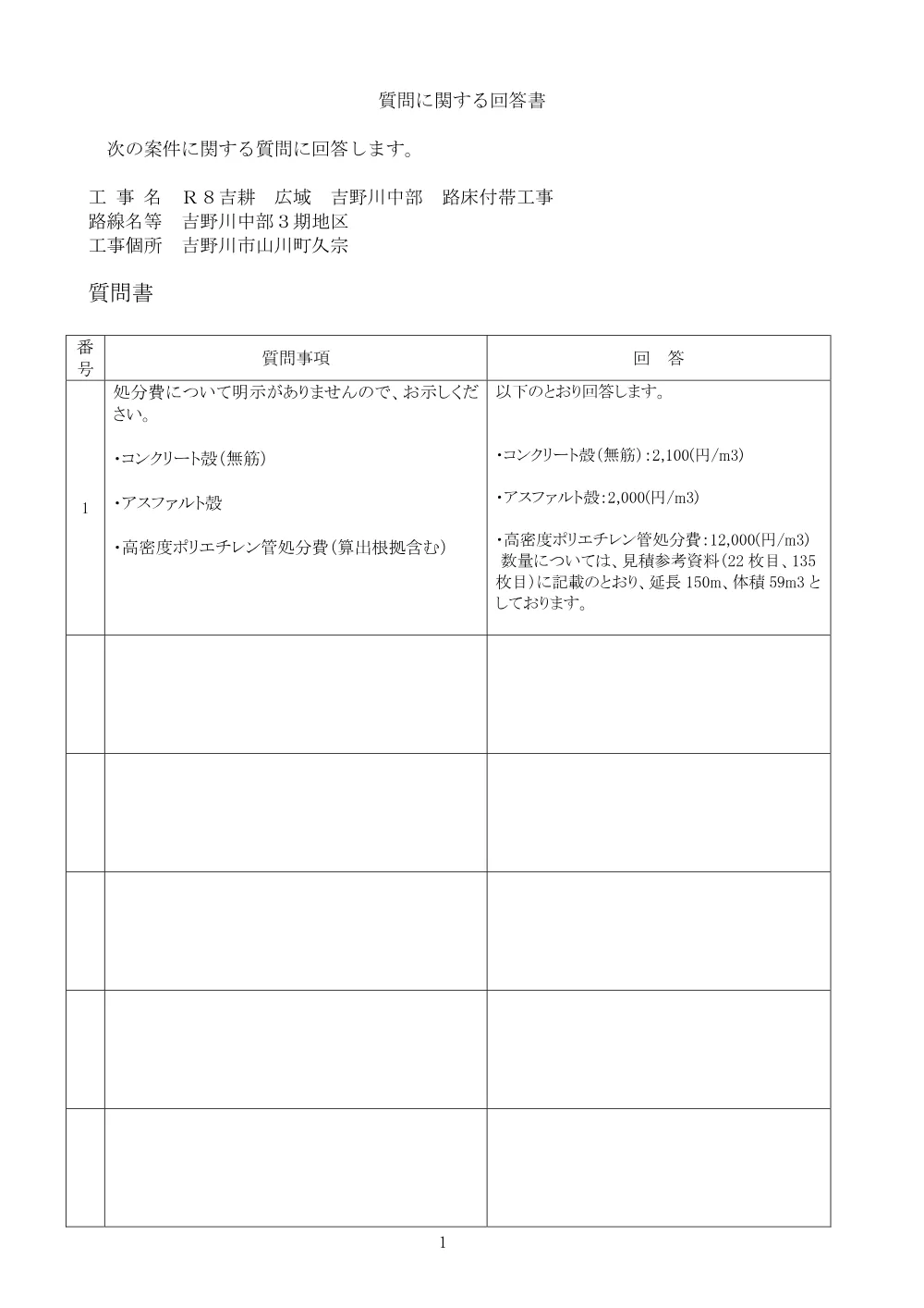 Ｒ８吉耕 広域 吉野川中部 路床付帯工事（質問回答書）.pdf 1ページ目のプレビュー