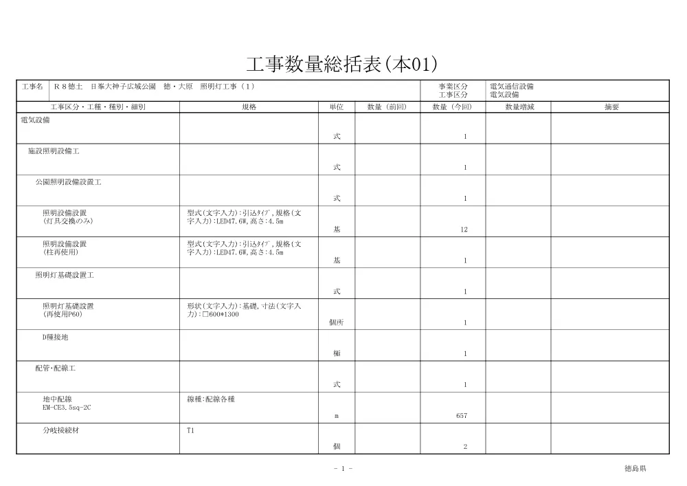 Ｒ８徳土 日峯大神子広域公園 徳・大原 照明灯工事（１)（工事数量総括表）.pdf 1ページ目のプレビュー