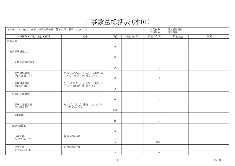 Ｒ８徳土 日峯大神子広域公園 徳・大原 照明灯工事（２)（工事数量総括表）.pdf 1ページ目のプレビュー
