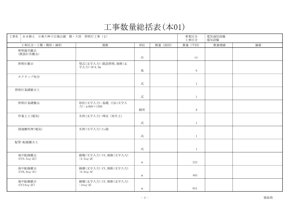 Ｒ８徳土 日峯大神子広域公園 徳・大原 照明灯工事（２)（工事数量総括表）.pdf 3ページ目のプレビュー