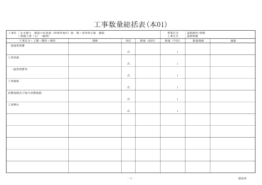 Ｒ８徳土 徳島小松島港（沖洲外地区）他 徳・東沖洲２他 舗装修繕工事（２）（維持）（工事数量総括表）.pdf 3ページ目のプレビュー