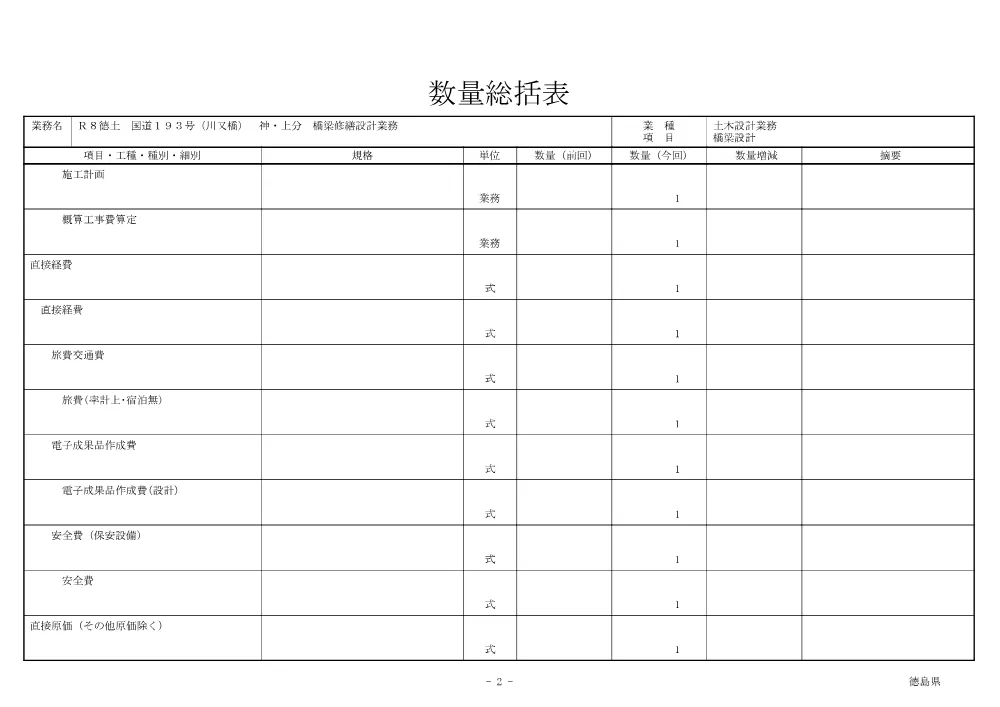 Ｒ８徳土 国道１９３号（川又橋） 神・上分 橋梁修繕設計業務（数量総括表）.pdf 2ページ目のプレビュー