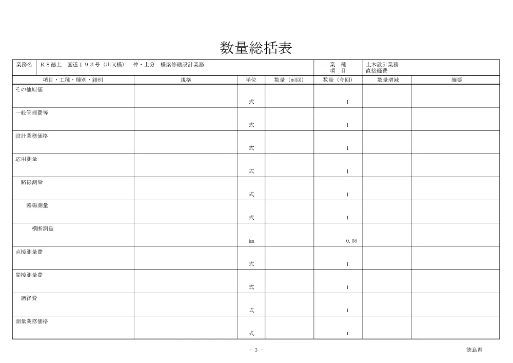 Ｒ８徳土 国道１９３号（川又橋） 神・上分 橋梁修繕設計業務（数量総括表）.pdf 3ページ目のプレビュー