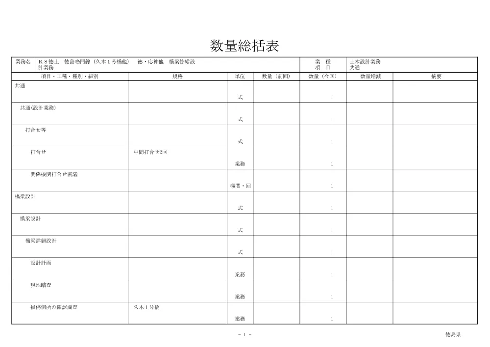 Ｒ８徳土 徳島鳴門線（久木１号橋他） 徳・応神他 橋梁修繕設計業務（数量総括表）.pdf 1ページ目のプレビュー