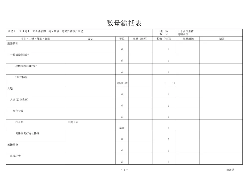 Ｒ８徳土 新浜勝浦線 徳・飯谷 道路詳細設計業務（数量総括表）.pdf 1ページ目のプレビュー