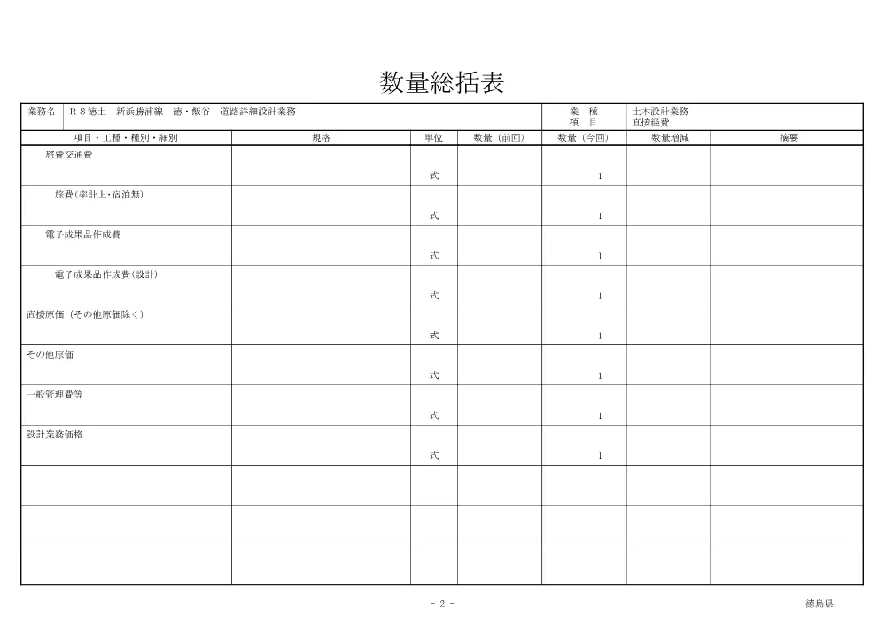 Ｒ８徳土 新浜勝浦線 徳・飯谷 道路詳細設計業務（数量総括表）.pdf 2ページ目のプレビュー