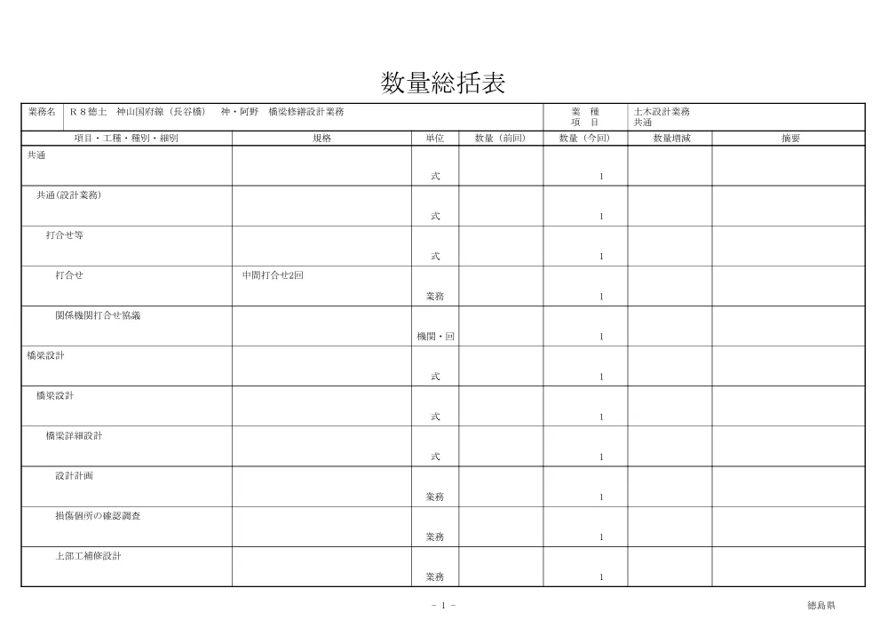 Ｒ８徳土 神山国府線（長谷橋） 神・阿野 橋梁修繕設計業務（数量総括表）.pdf 1ページ目のプレビュー