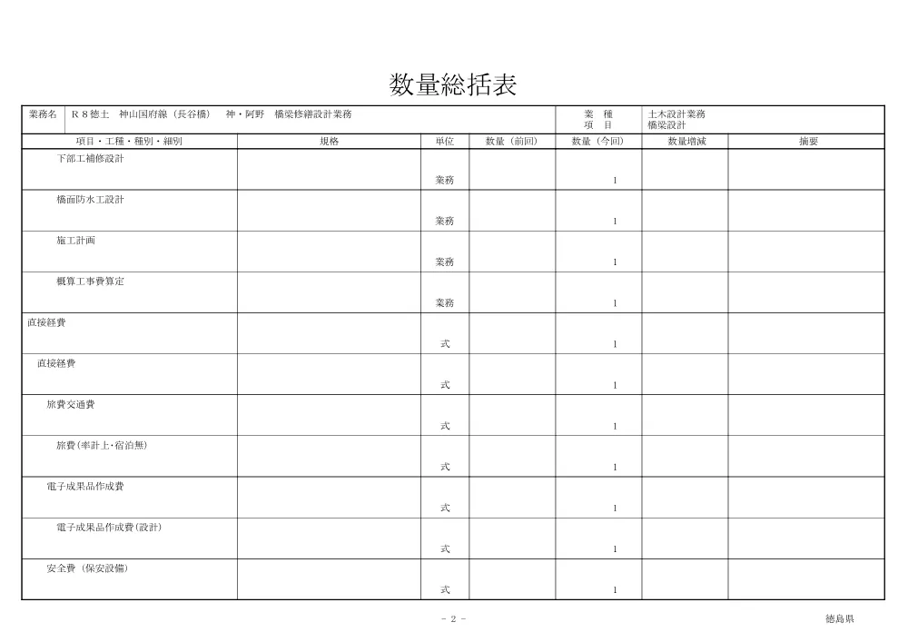 Ｒ８徳土 神山国府線（長谷橋） 神・阿野 橋梁修繕設計業務（数量総括表）.pdf 2ページ目のプレビュー