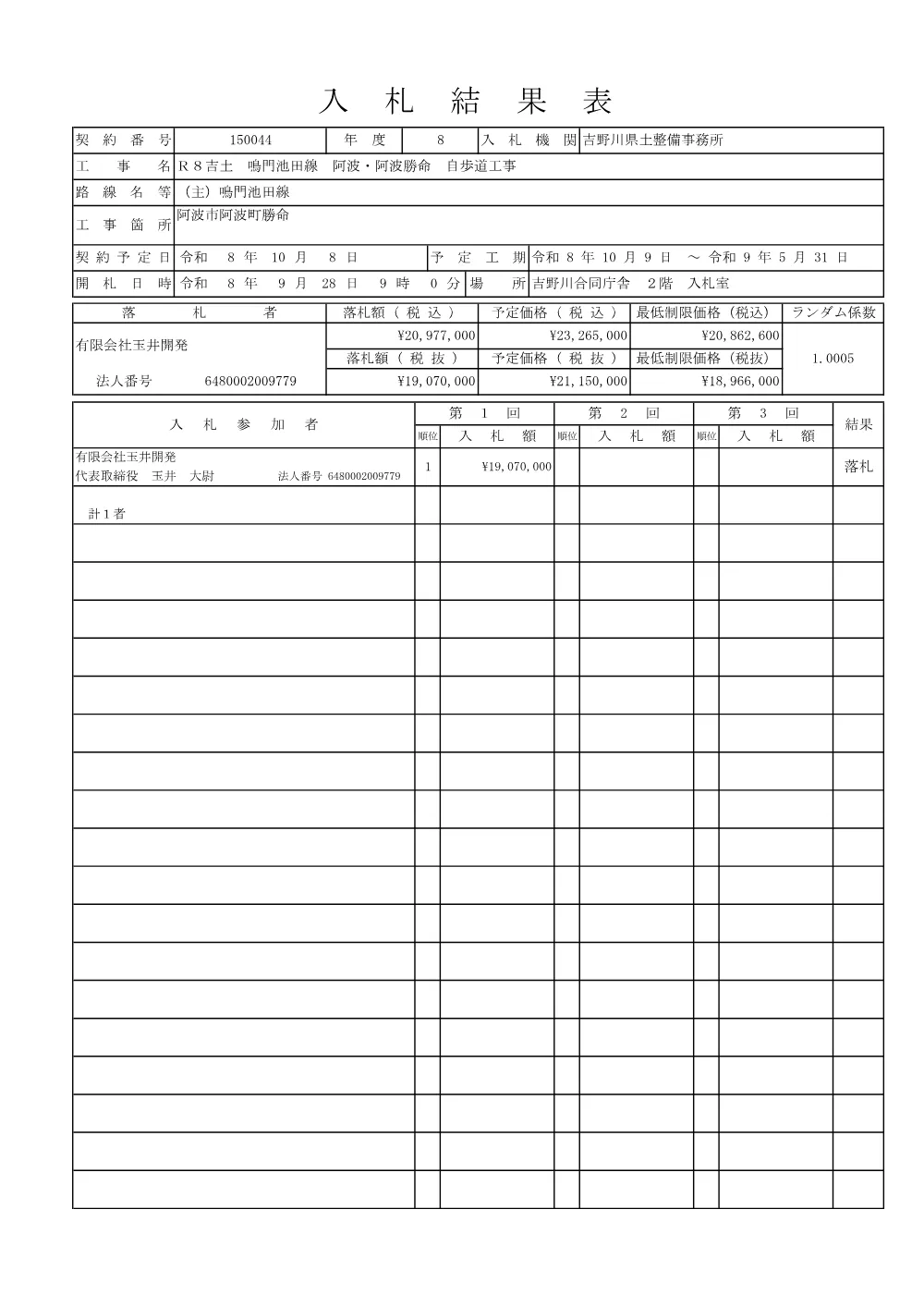 Ｒ８吉土 鳴門池田線 阿波・阿波勝命 自歩道工事（入札結果及び補足資料）.pdf 1ページ目のプレビュー