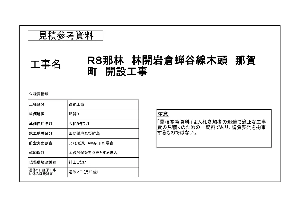 機密性１｜Ｒ８那林 林開岩倉蝉谷線木頭 那賀町 開設工事（見積参考資料）.pdf 1ページ目のプレビュー