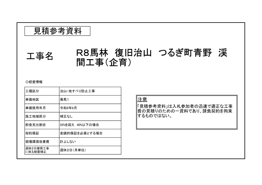 Ｒ８馬林 復旧治山 つるぎ町青野 渓間工事（企育）（見積参考資料）.pdf 1ページ目のプレビュー
