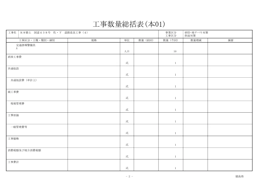 機密性１｜Ｒ８徳土 国道４３８号 佐・下 道路改良工事（４）（工事数量総括表）.pdf 2ページ目のプレビュー
