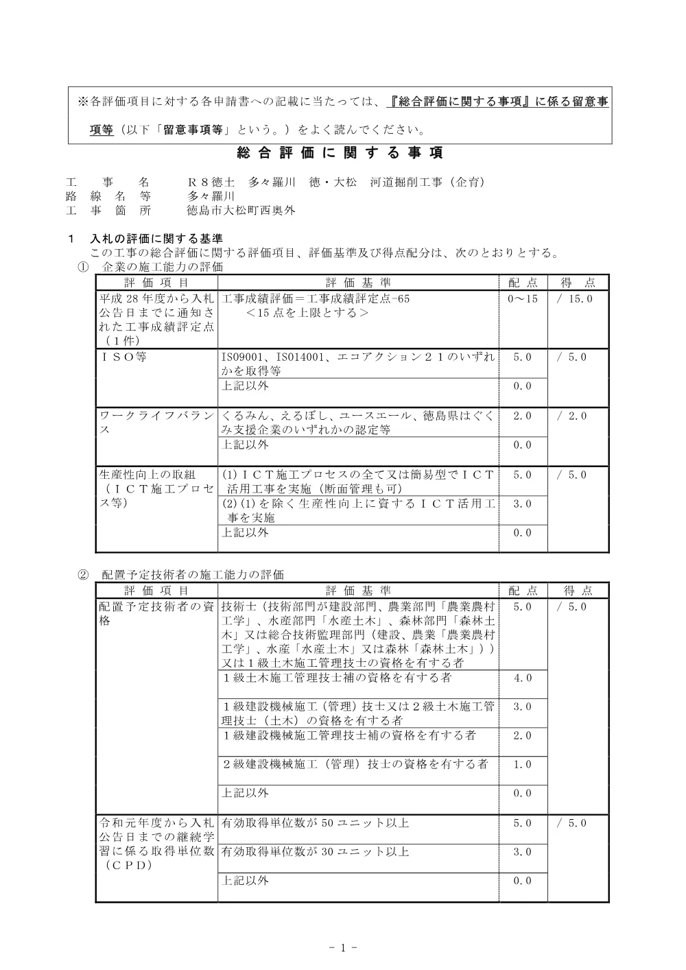 機密性１｜Ｒ８徳土 多々羅川 徳・大松 河道掘削工事（企育）_総合評価に関する事項.pdf 1ページ目のプレビュー
