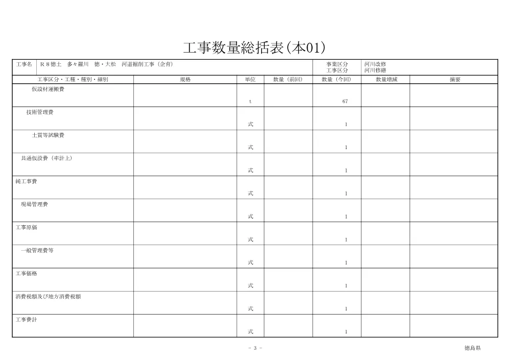 機密性１｜Ｒ８徳土 多々羅川 徳・大松 河道掘削工事（企育）（工事数量総括表）.pdf 3ページ目のプレビュー