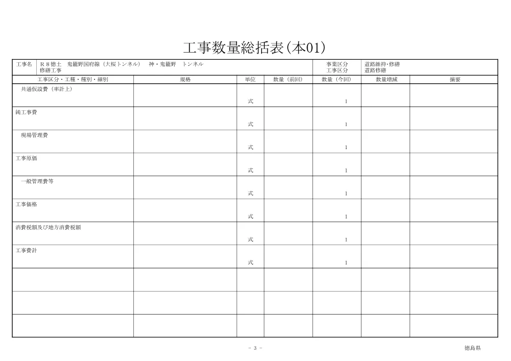 Ｒ８徳土 鬼籠野国府線（大桜トンネル） 神・鬼籠野 トンネル修繕工事（工事数量総括表）.pdf 3ページ目のプレビュー