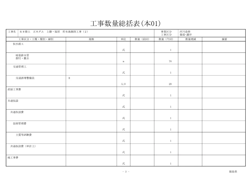 機密性１｜Ｒ８徳土 正木ダム 上勝・福原 貯水池掘削工事（２）（工事数量総括表）.pdf 3ページ目のプレビュー