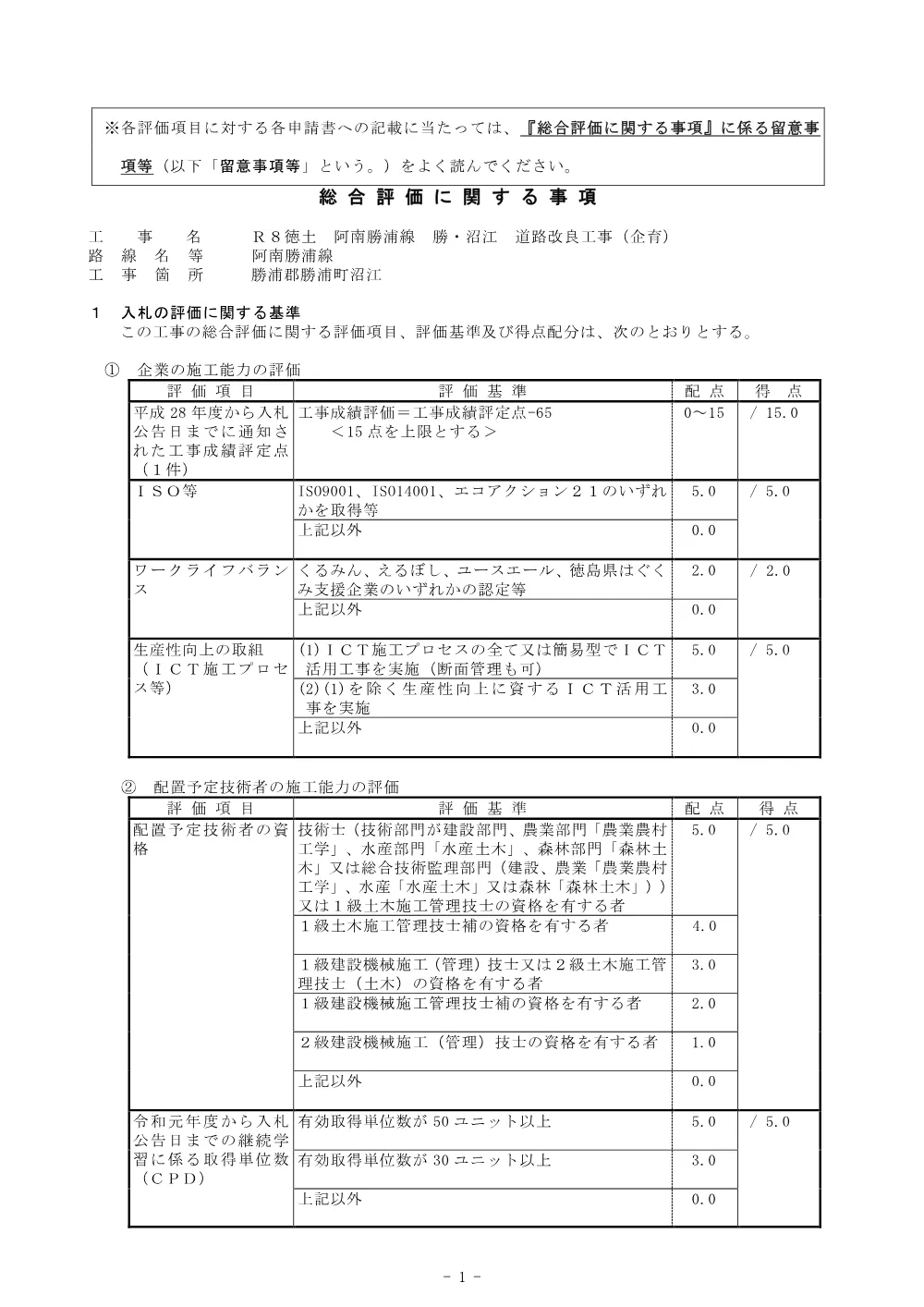 機密性１｜R８徳土 阿南勝浦線 勝・沼江 道路改良工事(企育)_総合評価に関する事項.pdf 1ページ目のプレビュー