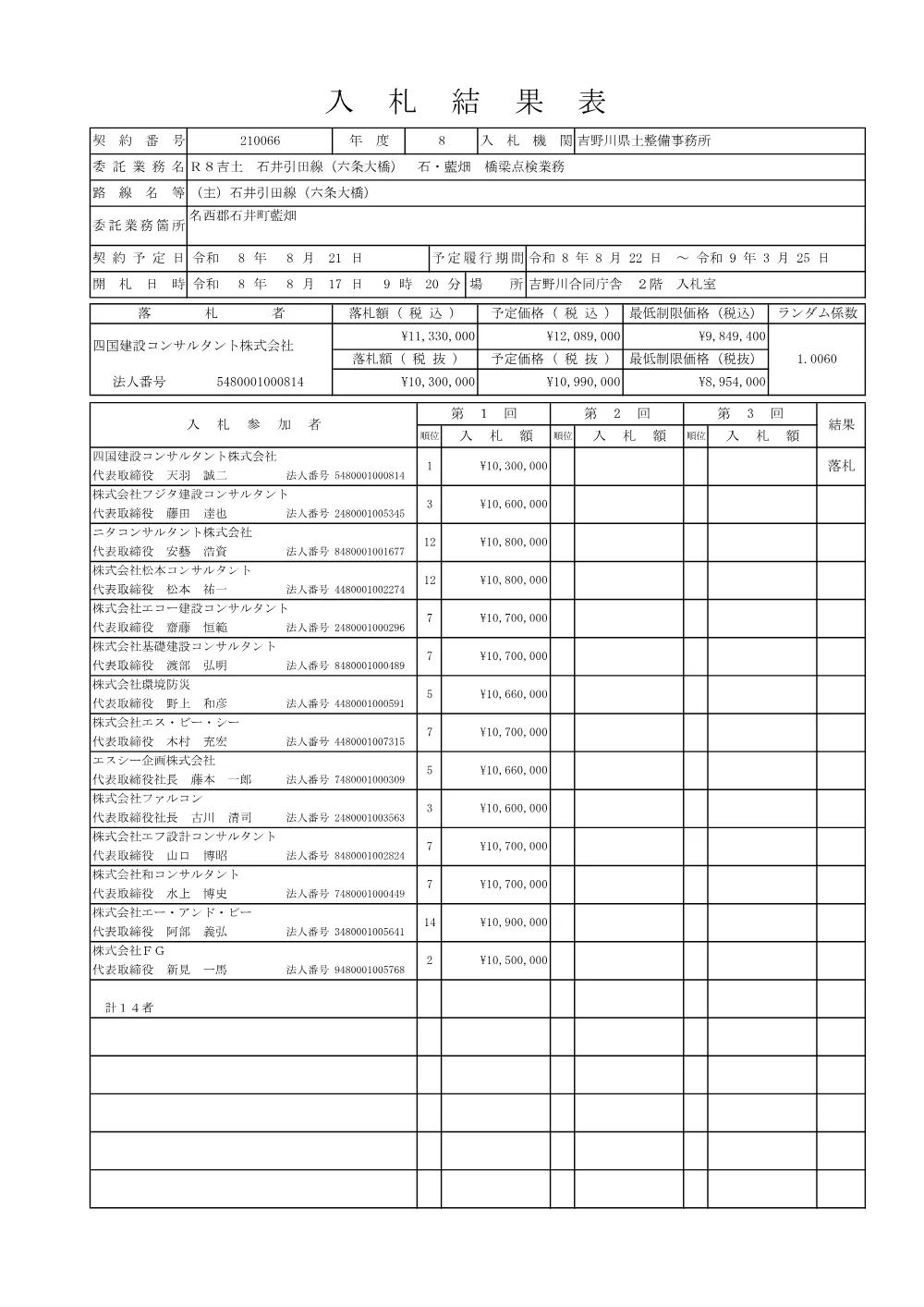 機密性１｜Ｒ８吉土 石井引田線（六条大橋） 石・藍畑 橋梁点検業務（入札結果及び補足資料）.pdf 1ページ目のプレビュー