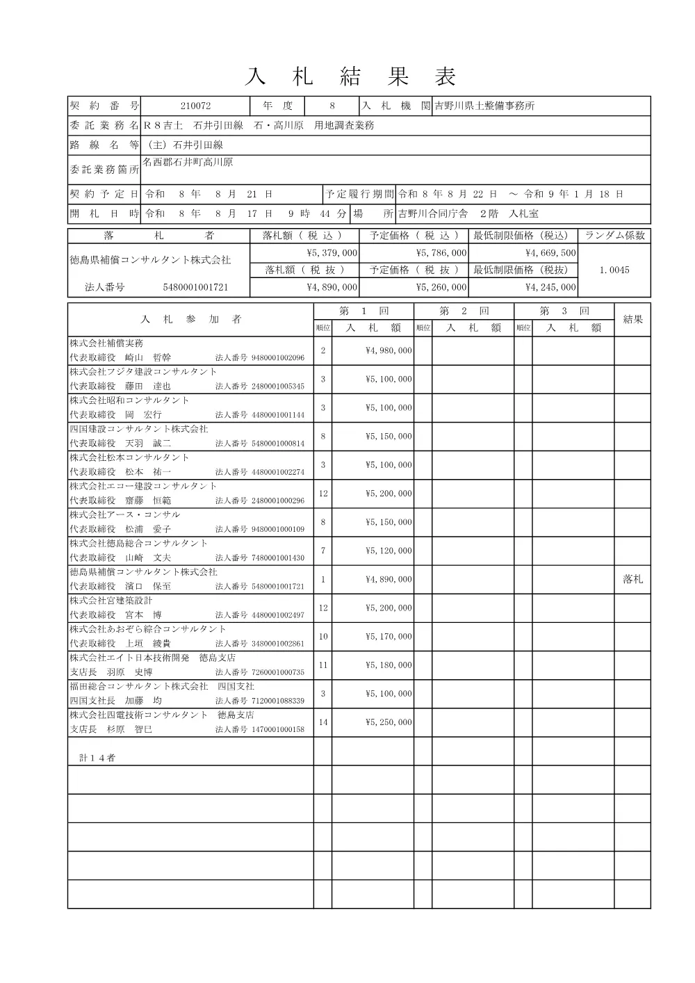 機密性１｜Ｒ８吉土 石井引田線 石・高川原 用地調査業務（入札結果及び補足資料）.pdf 1ページ目のプレビュー