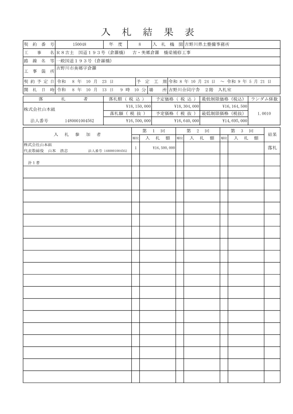 Ｒ８吉土 国道１９３号（倉羅橋） 吉・美郷倉羅 橋梁補修工事（入札結果及び補足資料）.pdf 1ページ目のプレビュー