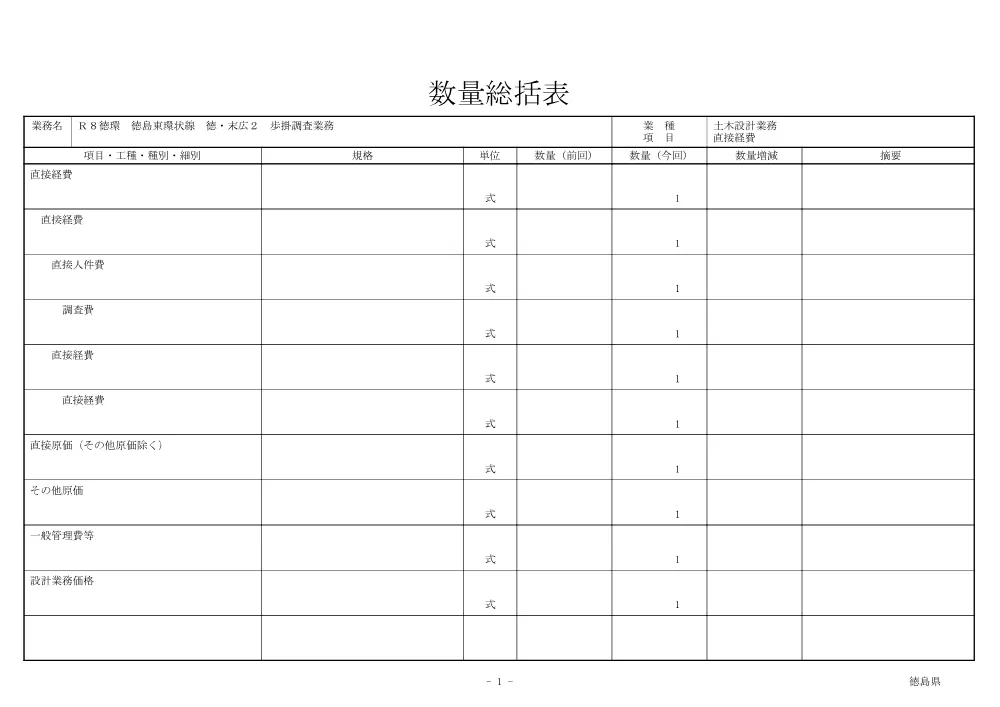 Ｒ８徳環 徳島東環状線 徳・末広２ 歩掛調査業務（数量総括表）.pdf 1ページ目のプレビュー