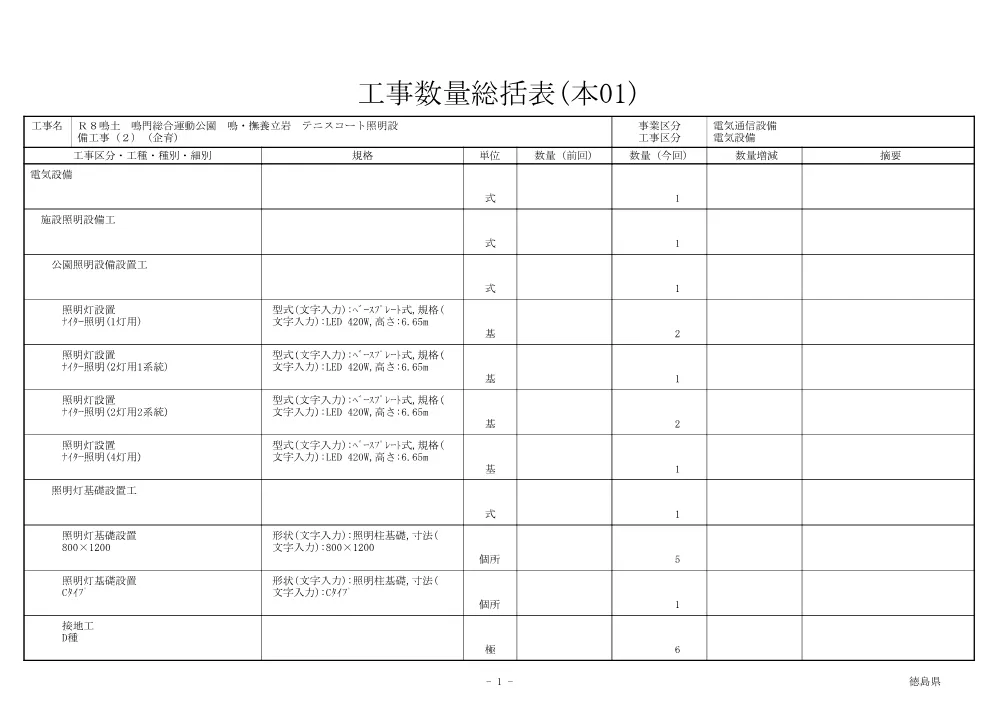 Ｒ８鳴土 鳴門総合運動公園 鳴・撫養立岩 テニスコート照明設備工事（２）（企育）（工事数量総括表）.pdf 1ページ目のプレビュー