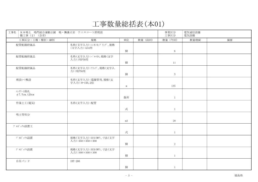 Ｒ８鳴土 鳴門総合運動公園 鳴・撫養立岩 テニスコート照明設備工事（２）（企育）（工事数量総括表）.pdf 3ページ目のプレビュー
