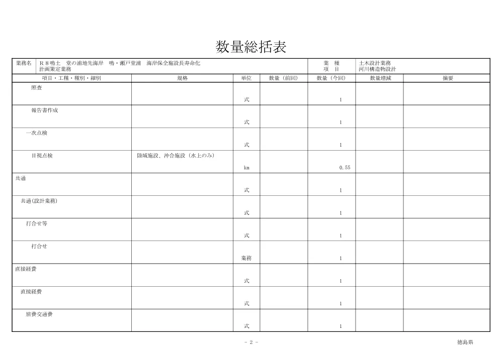 Ｒ８鳴土 堂の浦地先海岸 鳴・瀬戸堂浦 海岸保全施設長寿命化計画策定業務（数量総括表）.pdf 2ページ目のプレビュー