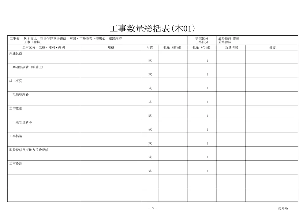 Ｒ８吉土 市場学停車場線他 阿波・市場香美～市場他 道路維持工事（維持）（数量総括表）.pdf 3ページ目のプレビュー