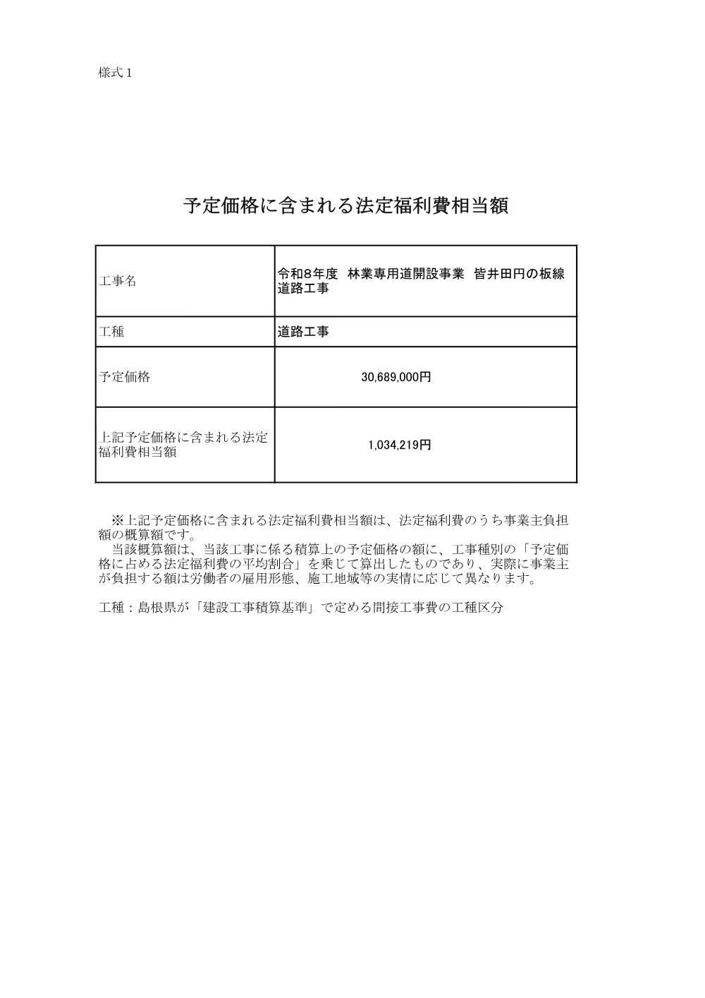 法定福利費相当額 _令和８年度 林業専用道開設事業 皆井田円の板線 道路工事.pdf 1ページ目のプレビュー