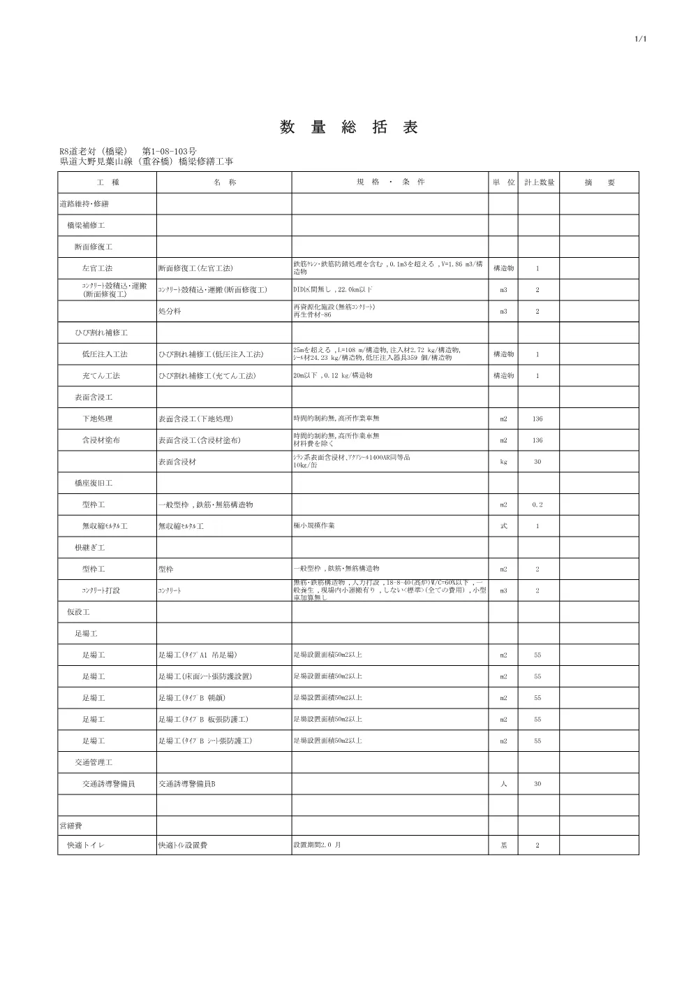 R08道老対（橋梁）1-08-103(数量表)実施.pdf 1ページ目のプレビュー