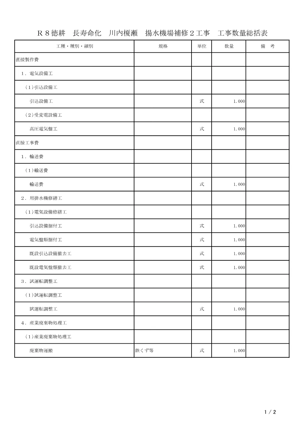 機密性１｜Ｒ８徳耕 長寿命化 川内榎瀬 揚水機場補修２工事（工事数量総括表）.pdf 1ページ目のプレビュー