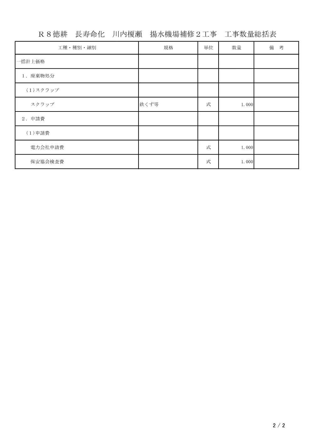 機密性１｜Ｒ８徳耕 長寿命化 川内榎瀬 揚水機場補修２工事（工事数量総括表）.pdf 2ページ目のプレビュー