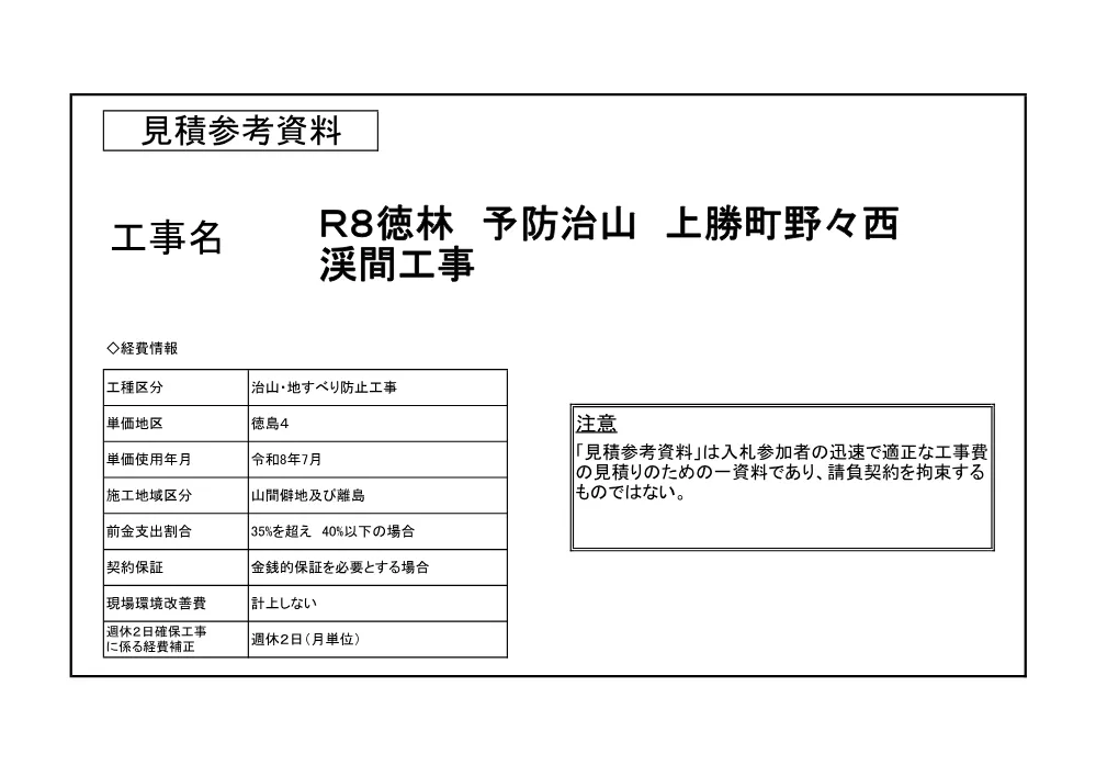 機密性1｜Ｒ８徳林 予防治山 上勝町野々西 渓間工事（見積参考資料）.pdf 1ページ目のプレビュー