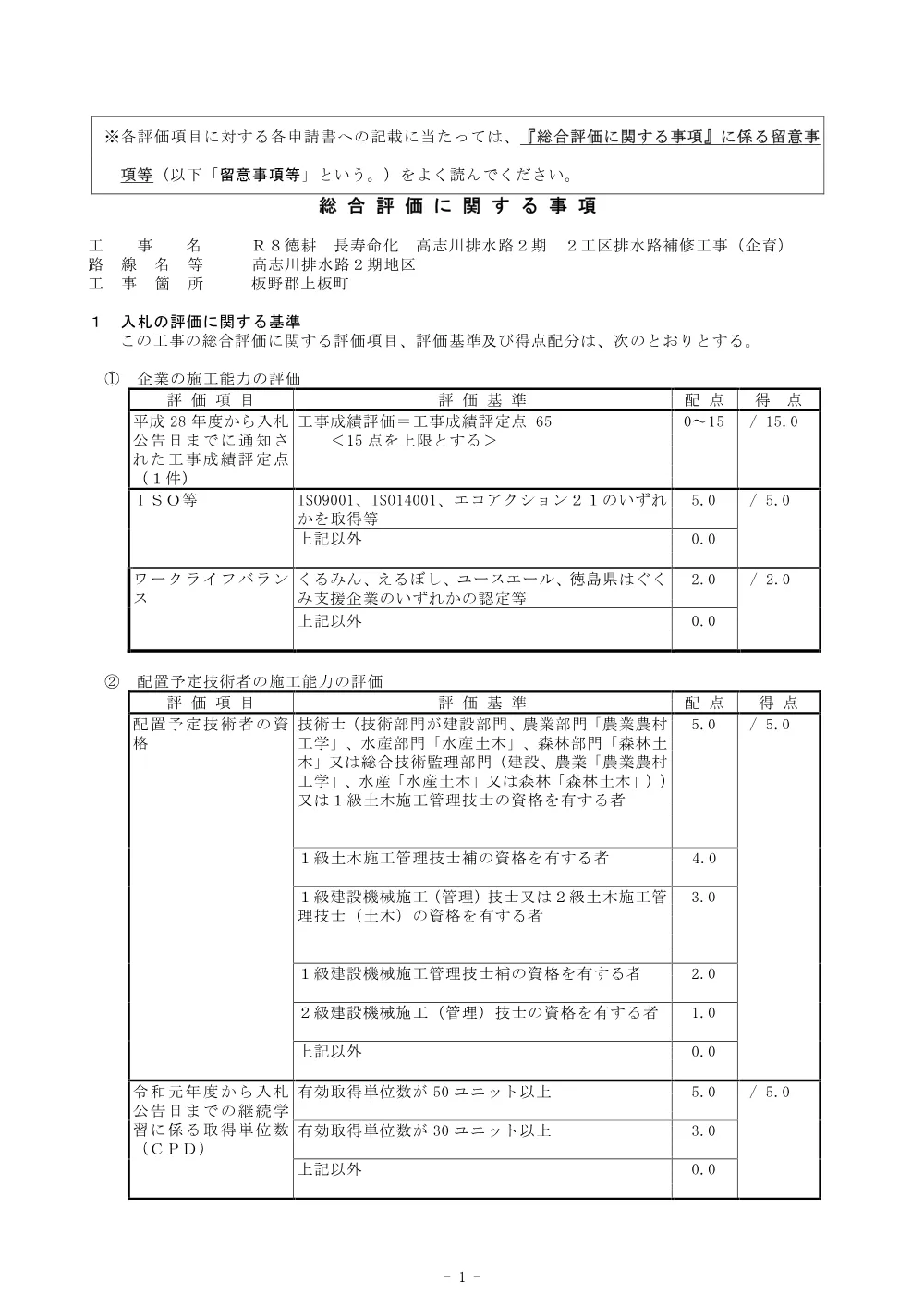 機密性１｜Ｒ８徳耕 長寿命化 高志川排水路２期 ２工区排水路補修工事（企育）（総合評価に関する事項）.pdf 1ページ目のプレビュー