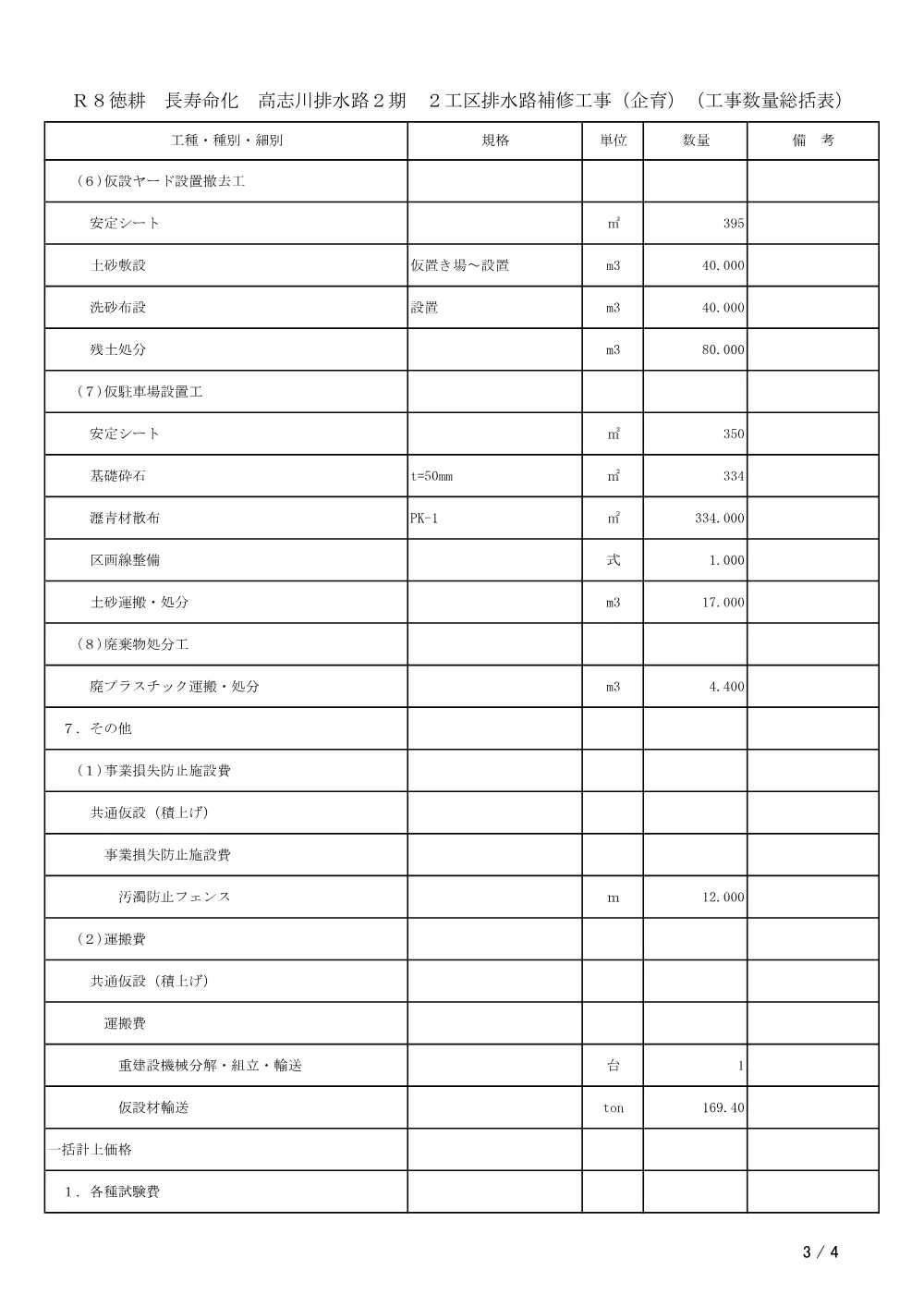 機密性１｜Ｒ８徳耕 長寿命化 高志川排水路２期 ２工区排水路補修工事（企育）（工事数量総括表）.pdf 3ページ目のプレビュー
