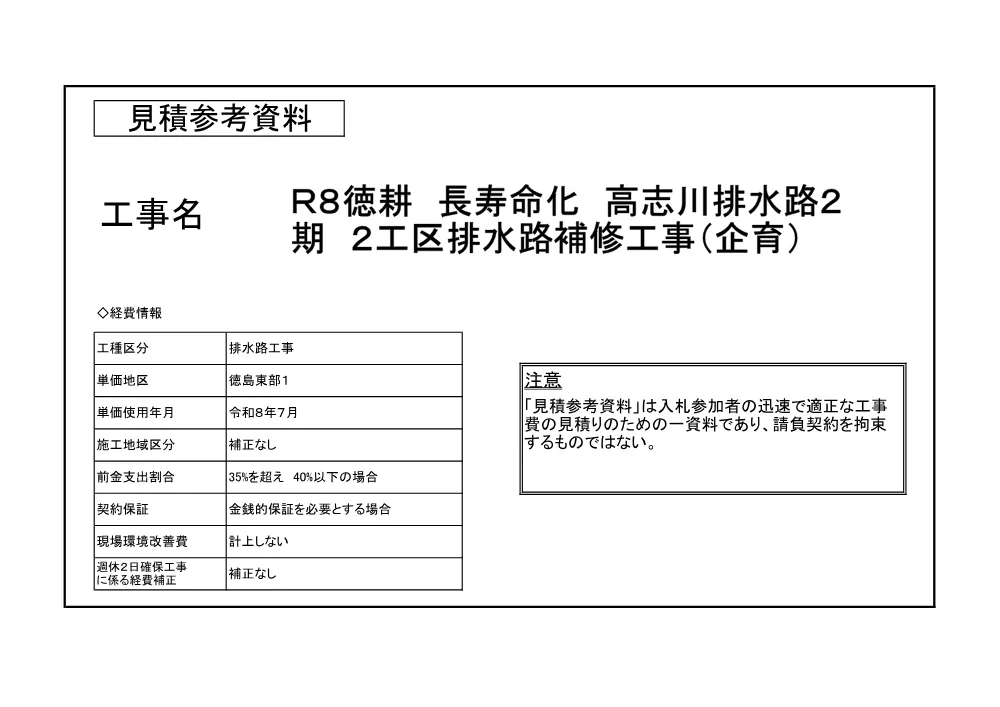 機密性１｜Ｒ８徳耕 長寿命化 高志川排水路２期 ２工区排水路補修工事（企育）（見積参考資料）.pdf 1ページ目のプレビュー