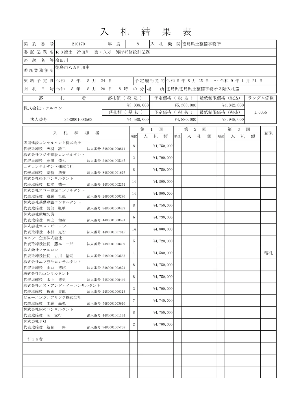 機密性１｜Ｒ８徳土 冷田川 徳・八万 護岸補修設計業務（入札結果及び補足資料）.pdf 1ページ目のプレビュー