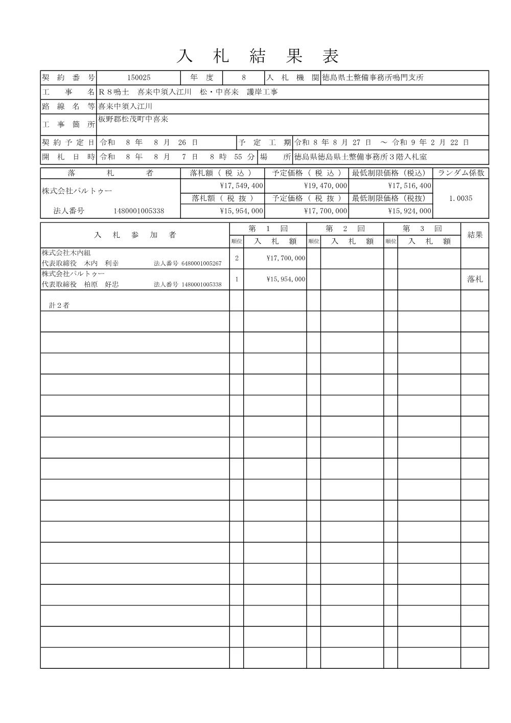 Ｒ８鳴土 喜来中須入江川 松・中喜来 護岸工事（入札結果及び補足資料）.pdf 1ページ目のプレビュー