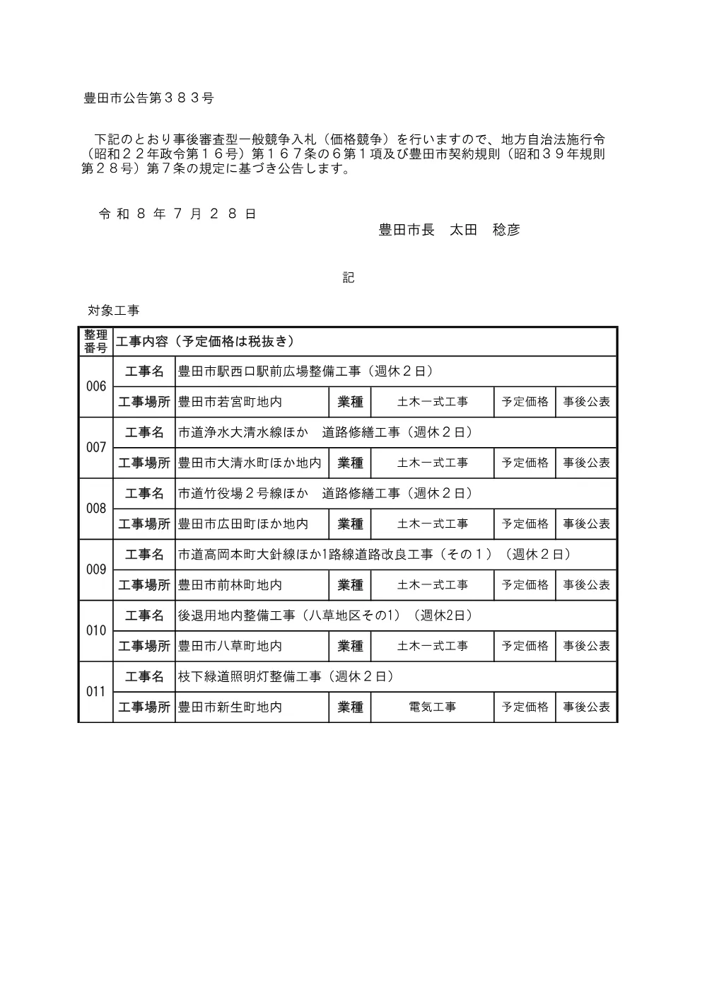 公告（価格競争6件）.pdf 1ページ目のプレビュー