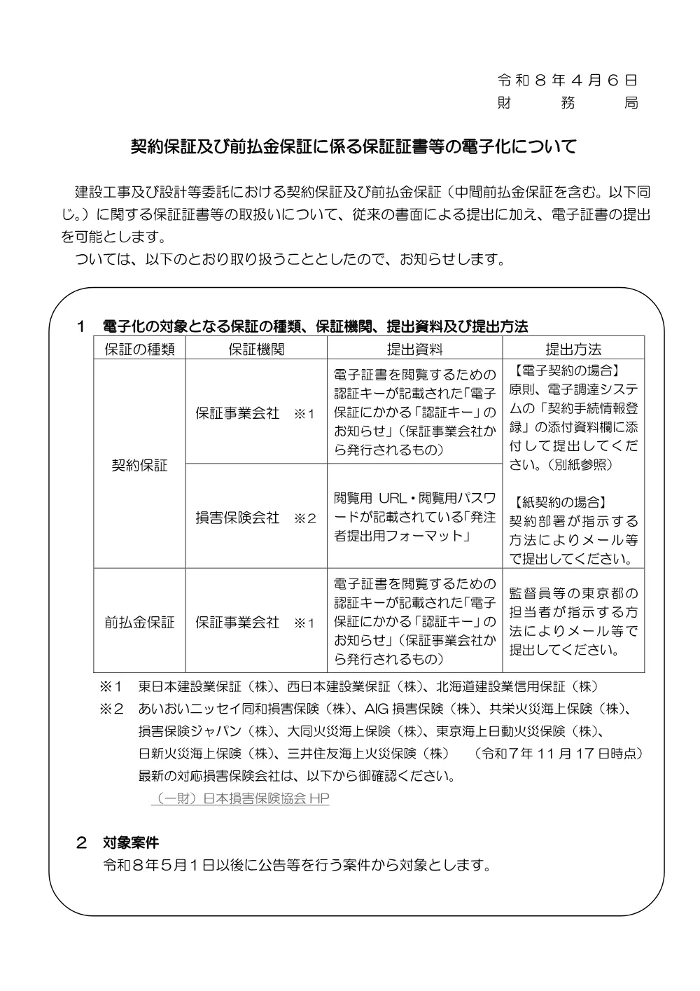 【HP公表用】契約保証及び前払金保証に係る保証証書等の電子化について.pdf 1ページ目のプレビュー