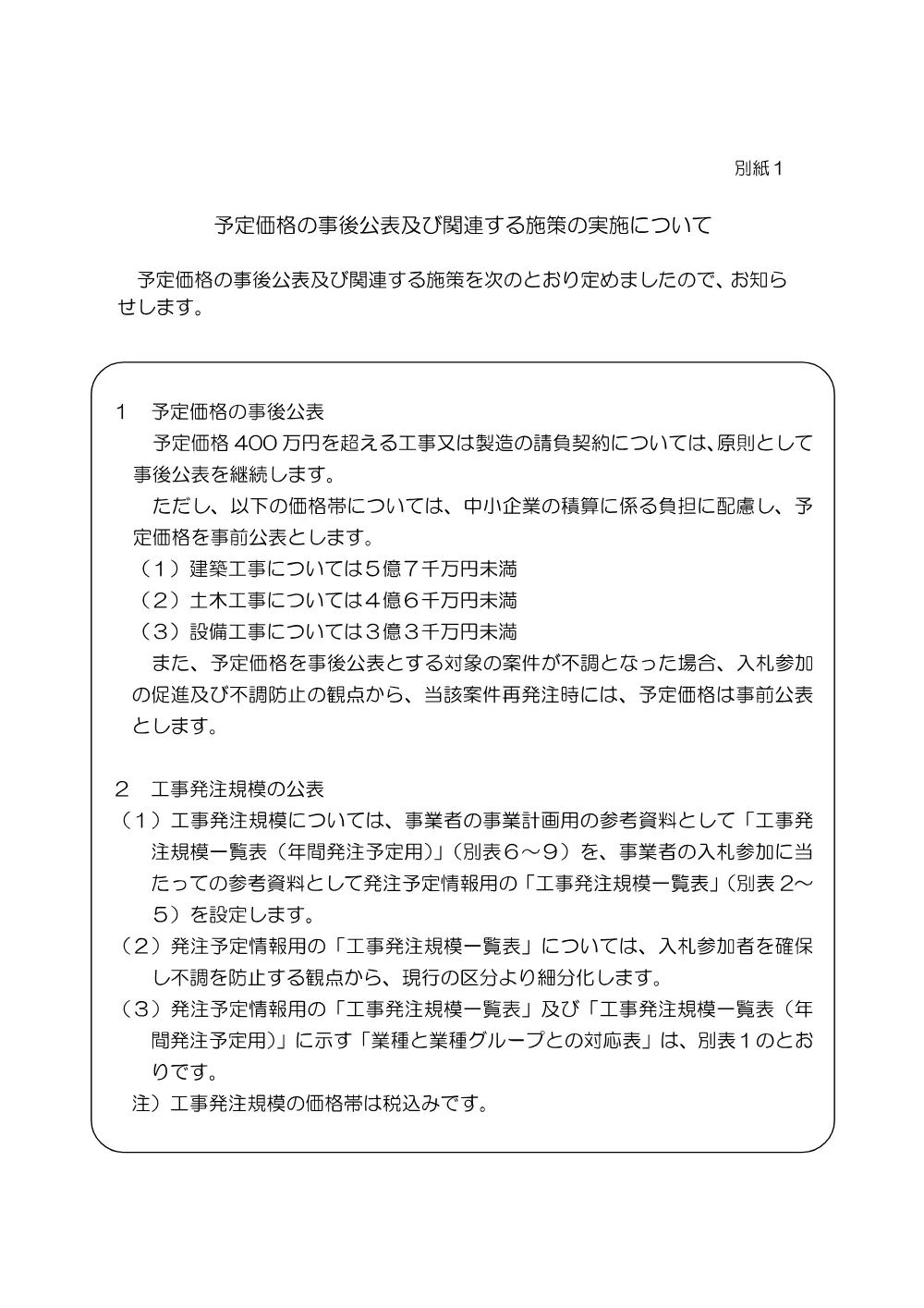 予定価格の事後公表及び関連する施策の実施について.pdf 1ページ目のプレビュー