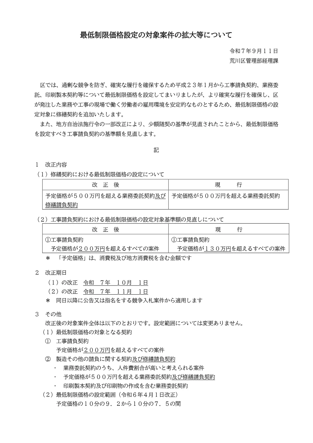 最低制限価格設定の対象案件の拡大等について.pdf 1ページ目のプレビュー