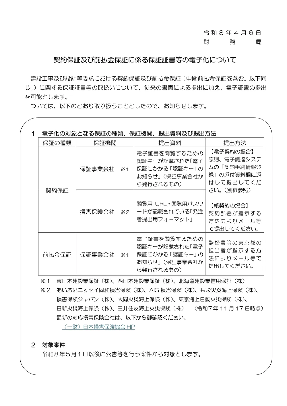 06契約保証及び前払金保証に係る保証証書等の電子化について.pdf 1ページ目のプレビュー