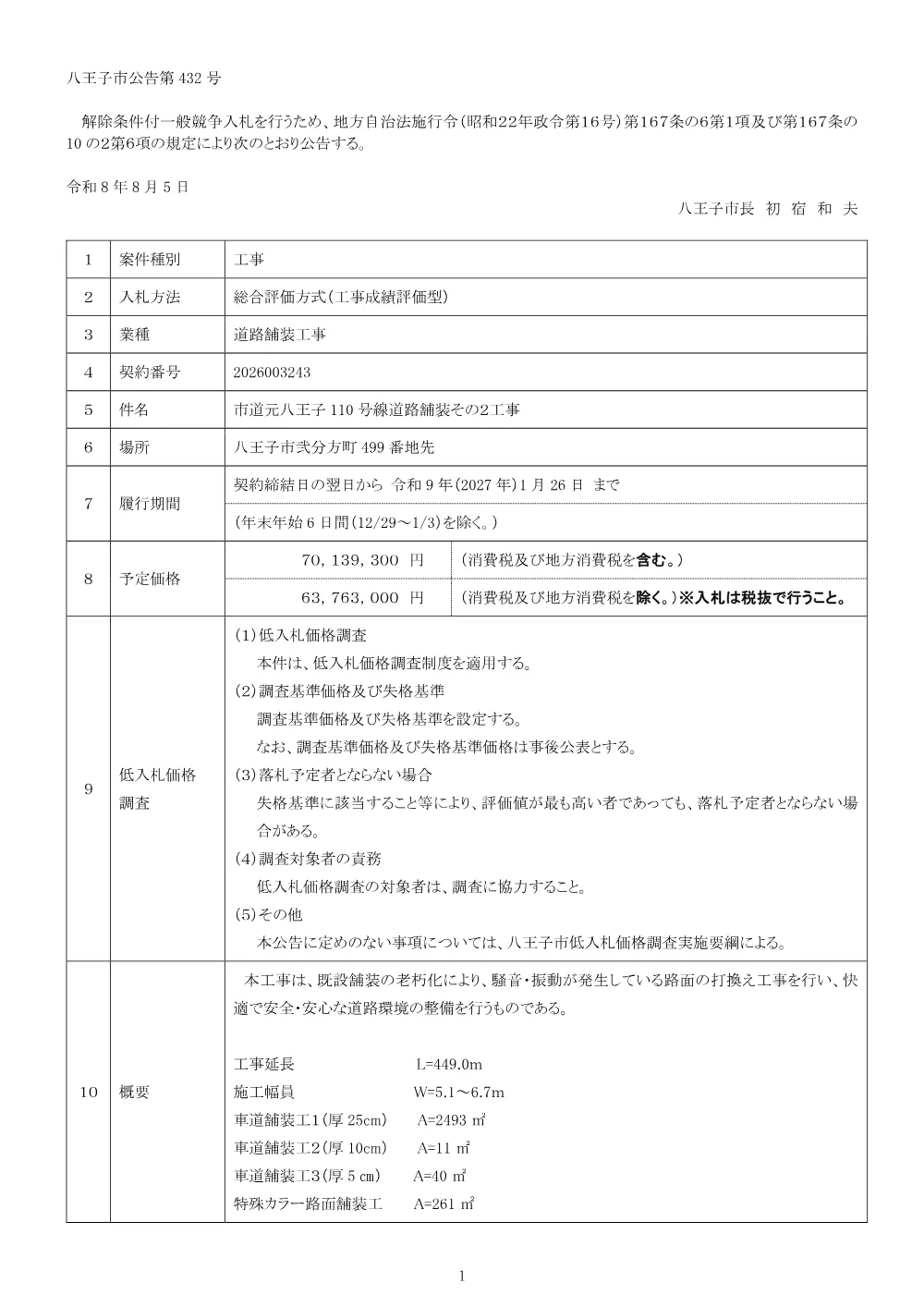 01公告（2026003243市道元八王子110号線道路舗装その２工事）.pdf 1ページ目のプレビュー