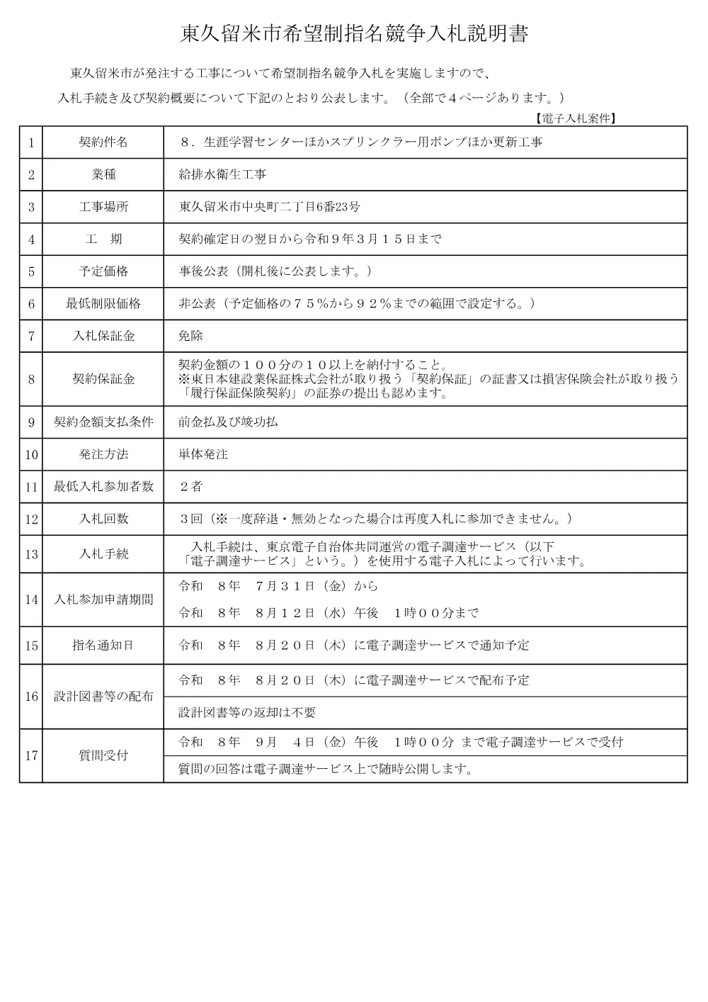 01東久留米市希望制指名競争入札説明書++.pdf 1ページ目のプレビュー